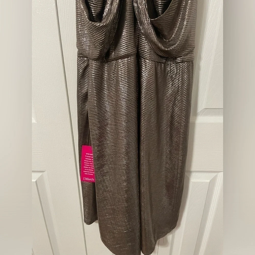 Halston Women’s Hi low Drape Metallic Gunmetal Racer back Midi dress size 8 - Picture 6 of 16